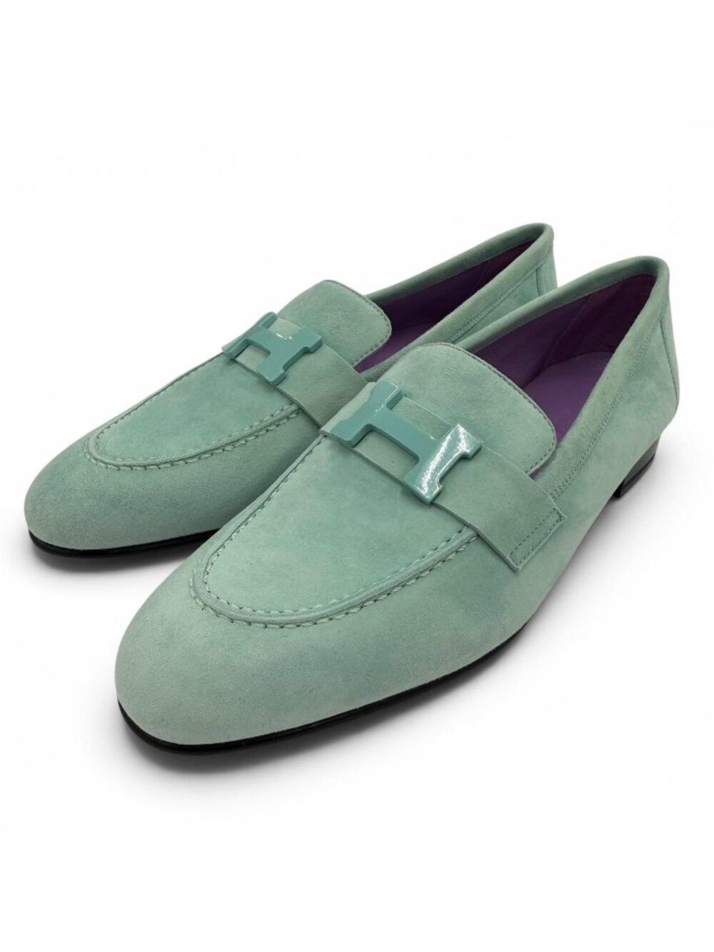Hermes Moccasins Paris H Logo Suede Leather Loafers Blue Green